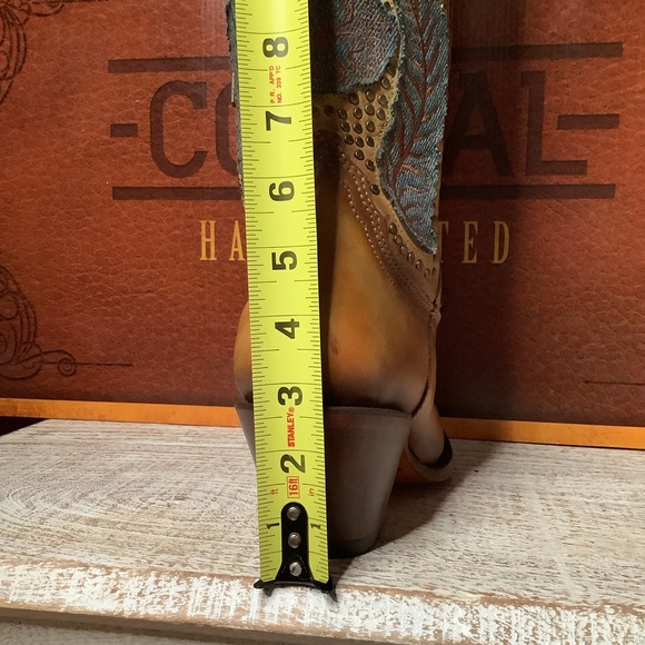 CORRAL Yellowish Tall Tan. Embroidered Studs Denim Accents Snip Toe Cowboy Boots - Picture 14 of 15